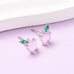 Платинированный Серьги-гвоздики в форме яблока с микропаве из кубических цирконий из латуни, со стеклом, Реальная платина, 9x8.5 мм