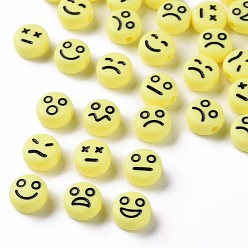 Champagne Yellow Opaque Champagne Yellow Acrylic Beads, Flat Round with Black Random Expression, 7x4mm, Hole: 1.6mm, about 3650pcs/500g