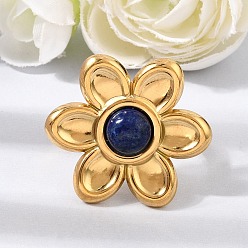 Lapis Lazuli 304 Stainless Steel Cuff Open Rings for Women, Flower, with Natural Lapis Lazuli, Ion Plating(IP), Golden, US Size 7(17.3mm)