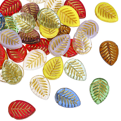 Color mezclado 40piezas de cuentas de vidrio en forma de hoja, metal dorado enlaced, color mezclado, 17~17.5x13x4 mm, agujero: 1 mm