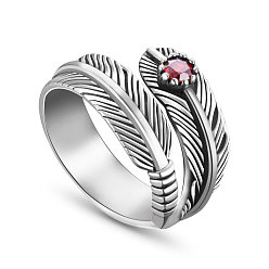 Antique Silver Antique Feather 925 Sterling Silver Cuff Rings, Open Rings, with Red Zircon, Antique Silver, 18mm