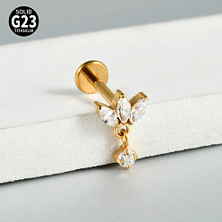 Золотой G23 титановые микропаве кубические циркониевые серьги для хряща, лабреты с внутренней резьбой, козелок шпилька, плоская серьга сзади, лист, золотые, 8 мм, штифты : 1.2 мм