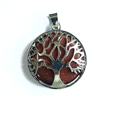 Goldstone Synthetic Goldstone Pendants, Tree of Life Metal Charms, Platinum, 27x27x7mm