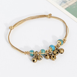 Темно-бирюзовый Браслеты на лодыжку из сплава в виде колокольчика и фарфоровых бусин, регулируемый шнурок, с подвеской., античная бронза, темные бирюзовый, 5-1/8~11 дюйм (130~280 мм)