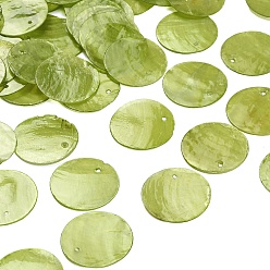 Vert Jaune Pendentifs en coquillages de capiz naturels peints à la bombe, charmes de disque, vert jaune, 25x0.5~1mm, Trou: 1.2~1.4mm