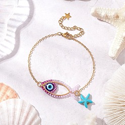 Сливовый Стекло бисер ссылаются браслеты, латунные кабельные цепи браслеты для женщин, рыба и морская звезда, с синтетической бирюзой и 201 фурнитурой из нержавеющей стали, слива, 7-3/8 дюйм (18.85 см)