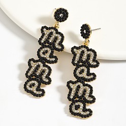 Черный Серьги-гвоздики из сплава со стразами ко Дню матери, Слово мама, золотые, чёрные, 20x60 мм