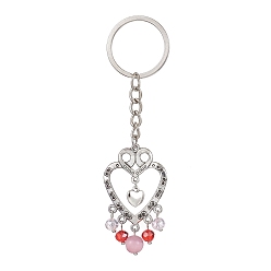 Antique Silver Alloy Heart & Glass Bead Pendant Keychain, with Iron Keychain Ring, Antique Silver, 10.4cm