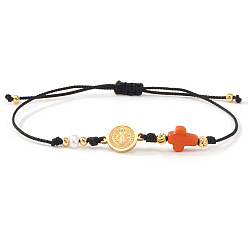Оранжевый Браслеты ручной работы из латунных звеньев, Браслеты из окрашенных синтетических бирюзовых бусин, плетеные из бусин, для женщин и мужчин., Плоская круглая фигурка со святым Бенедиктом и крестом., оранжевые, 11.02 дюйм (28 см)
