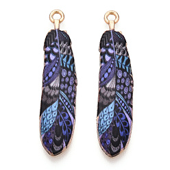 Розовато-лиловый Стойки подвески обшивки сплава, напечатанный, без свинца, без кадмии и без никеля, очарование перьев, золотой свет, розовато-лиловый, 38x9x1.5 мм, отверстие : 1.8 мм