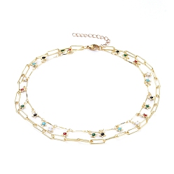 Real 18K Gold Plated Brass Enamel Double Layer Necklaces, with Bar Links Chains, Paperclip Chains and Lobster Claw Clasps, Flower, Colorful, Real 18K Gold Plated, 13.58 inch(34.5cm)