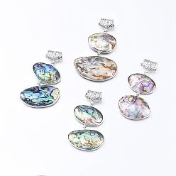 Paua Shell Brass Abalone Shell Oval Big Pendants, with Scarf Bail Beads, 53~63x30~40x6.5mm, Hole: 7x3mm