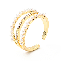 Настоящее золото 18K Открытое кольцо-манжета тройной линии из прозрачного кубического циркония с акриловой жемчужиной, полое широкое кольцо для женщин с гальваническим покрытием из латуни, без кадмия и без свинца, реальный 18 k позолоченный, размер США 7 1/4 (17.5 мм)