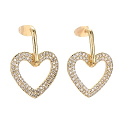 Real 18K Gold Plated Brass Micro Pave Clear Cubic Zirconia Dangle Stud Earrings, with Ear Nuts, Heart, Real 18K Gold Plated, 28mm, Pin: 0.7mm