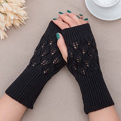 Schwarz Fingerlose Strickhandschuhe aus Acrylfasergarn, Winterwarme Handschuhe mit Daumenloch, Schwarz, 210 mm