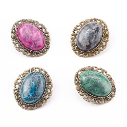 Mixed Stone Mixed Gemstone Brooch, with Alloy Findings, Oval, Antique Bronze, 34x30x13mm
