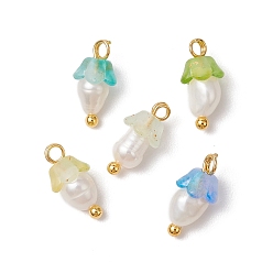 Лимонный шифон Цветочные акриловые подвески, с латунными штифтами с шаровидной головкой и бусиной из натурального культивированного пресноводного жемчуга, матовые, лимонный шифон, 11.5x6 мм, отверстие : 1.6 мм