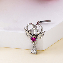 Сердце Стиль бохо 304 Г-образные кольца для носа из нержавеющей стали с паве из темно-розовых кубических цирконий, цвет нержавеющей стали, сердце, 8 мм