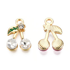 Crystal Alloy Rhinestone Pendants, with Enamel, Light Gold, Cherry Charms, Crystal, 17x12x4mm, Hole: 1.6mm
