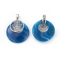 Полосатый Агат Натуральные полосатые агатовые / полосатые агатовые подвески, с латунной фурнитурой платинового цвета, плоский круглый с hamsa рука / рука fatima / рука miriam, окрашенная и подогревом, 32~32.5x28x7~7.5 мм, отверстие : 5x8 мм