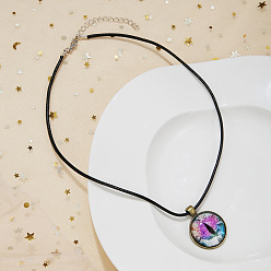 Средняя Орхидея Подвеска из сплава стекла от сглаза, ожерелья из черного вощеного шнура, античная бронза и платина, средне орхидеи, 24.41 дюйм (62 см)