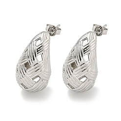 Platinum Teardrop Texture Hollow Brass Stud Earrings for Women, Cadmium Free & Lead Free, Long-Lasting Plated, Platinum, 23x12mm