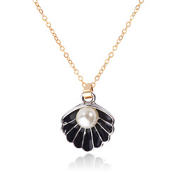Black 304 Stainless Steel Necklaces, Shell Shape, with Alloy Enamel & ABS Plastic Imitation Pearl Pendants, Golden, Black, 15.75 inch(40cm), Pendant: 16.7mm