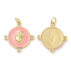 Pink Латунные микро проложить кубического циркония подвески, с прыгающим кольцом и эмалью, реальный 18 k позолоченный, без свинца и без кадмия, плоско-круглые, розовые, 21.5x20x3 мм, отверстие : 3 мм