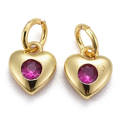 Фуксиновый Латунные микро проложить кубического циркония прелести, долговечный, реальный 18 k позолоченный, сердце, красно-фиолетовые, 7.5x7x3 мм, отверстие : 3 мм