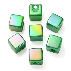 Green UV Plating Rainbow Iridescent Acrylic Beads, Cube, Green, 15x15x15mm, Hole: 3.8mm