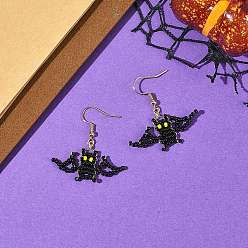 Bat Pendientes colgantes de cuentas de vidrio para Halloween, 304 aretes colgantes de acero inoxidable para mujer, dorado, bate, 37~38x36~38 mm