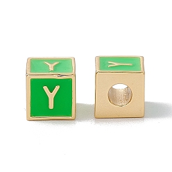 Letter Y Стойки покрытие латунь эмаль бисер, без кадмия, без никеля и без свинца, реальный 18 k позолоченный, куб с письмом, зеленый лайм, letter.y, 6x6x6 мм, отверстие : 2.5 мм
