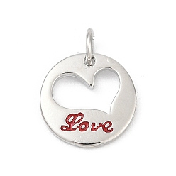 Платина Латунь эмаль прелести, с целью перехода в кольце, плоские круглые подвески с сердцем и надписью «любовь», долговечный, без свинца и без кадмия, стойки покрытие, платина, 12.5x1.5 мм, отверстие : 3.5 мм