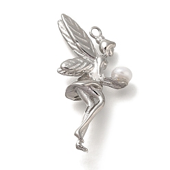 Нержавеющая Сталь Цвет 304 подвески из нержавеющей стали, с abs имитационными жемчужными бусинами , волшебное очарование, цвет нержавеющей стали, 25x17x8 мм, отверстие : 1.4 мм