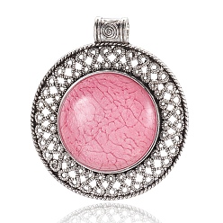 Pink Alloy Big Pendants, with Resin, Flat Round, Antique Silver, Pink, 70~71x62x9~12mm, Hole: 6~6.5mm