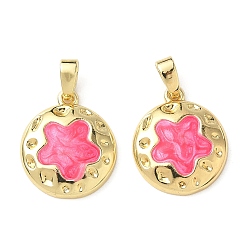 Темно-Розовый Латунь эмаль подвески, плоская круглая с подвеской в виде цветка, реальный 18 k позолоченный, темно-розовыми, 16x14x3 мм, отверстие : 2.5x5 мм