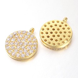 Golden Hollow Flat Round Brass Micro Pave Cubic Zirconia Charms, Golden, 11x10x2mm, Hole: 1mm
