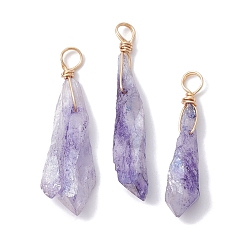 Lila Colgantes teñidos de cristal de cuarzo natural galvanizado, dijes en forma de lágrima con aros de alambre de cobre chapado en oro, lila, 34~37x6~10.5x6~9.5 mm, agujero: 3.5 mm