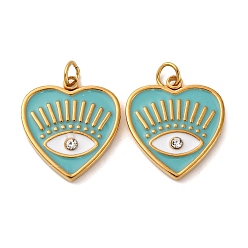 Средний Бирюзовый 304 из нержавеющей стали горный хрусталь подвески, с эмалью, очарование сглаза, с целью перехода в кольце, ионное покрытие (ip), реальный 18 k позолоченный, средне бирюзовый, 16x14.5x2 мм, отверстие : 2.5 мм