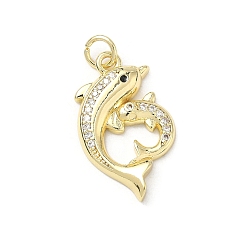 Dolphin Латунные микропаве прозрачные подвески с фианитом, долговечный, стойки покрытие, без свинца и без кадмия, реальный 18 k позолоченный, дельфин, 23.5x14x3.5 мм, отверстие : 3 мм
