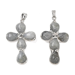 Labradorite Natural Labradorite Pendants, Cross Charms, with Platinum Tone Brass Findings, 38~41x22.5~23.5x5.5~6mm, Hole: 5.5x3.5mm