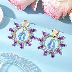 Средний Фиолетово-красный Серьги-гвоздики из латуни и стекла в форме капли, с цилиндрическими бусинами и 304 соединительными кольцами из нержавеющей стали, золотые, средне фиолетовый красный, 48x48 мм