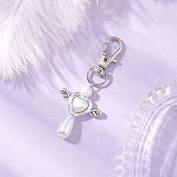 Белый Подвеска в форме сердца-слезинки из искусственного акрилового жемчуга с крыльями из сплава, Сплав с застежками когтя омара, античное серебро, белые, 66 мм, подвески: 37.5x27.5x8 мм