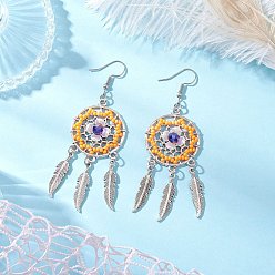 Золотистый Плоские круглые с перьями стеклянные бусины ручной работы серьги-люстры, с 304 крючками для сережек из нержавеющей стали и сплава, античное серебро, золотые, 83x28.5 мм