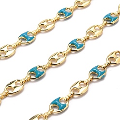 Green Golden Plated Alloy Enameled Coffee Bean Links Chains, Long-Lasting Plated, Cadmium Free & Lead Free, Unwelded, Green, Coffee Bean: 14.5x10x3.5mm, Link: 8.5x2x3.5mm, about 32.8 Feet(10m)/roll