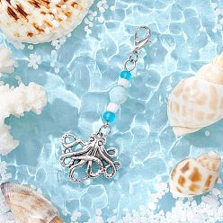Осьминог Подвеска с подвесками и стеклянными бусинами на морскую тематику, с карабин-лобстерами , осьминог, 62.5 мм, Кулон : 20x23x2 мм