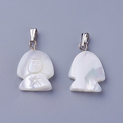 Shell Shell Pendants, with Brass Findings, Human, Platinum, 21~21.5x13.7~14x3~4.3mm, Hole: 1.5~2.5x5~6mm