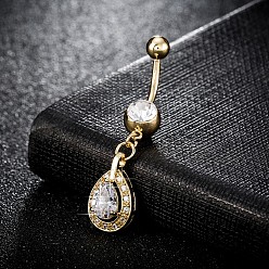 Белый Пирсинг украшения, латунное кольцо пупка с фианитом, кольца живота, с 304 стержнем из нержавеющей стали, без кадмия и без свинца, слеза, реальный 18 k позолоченный, белые, 47x10 мм, бар: 15 калибр (1.5 мм), длина стержня: 3/8"(10мм)