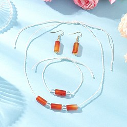Красный Агат Наборы из натурального сердолика с бусами, ожерелья, браслета и сережек-подвесок, с плетеной нейлоновой нитью и 304 крючками для сережек из нержавеющей стали, 1.57x0.31 дюйм (40x8 мм)