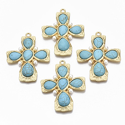 Real 18K Gold Plated Alloy Big Pendants, with Synthetic Turquoise and ABS Plastic Imitation Pearl, Cadmium Free & Nickel Free & Lead Free, Cross, Real 14K Matte Gold Plated, 71x56x8mm, Hole: 3.6mm